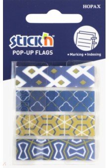 Закладки самоклеящиеся пластиковые "Pop-Up" (20 листов, 42х15 мм, 4 цвета, синие узоры) (26084)